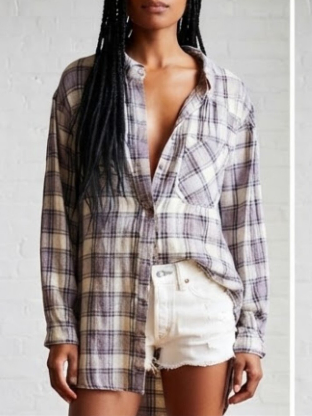Free People Oversized Wild Side Plaid Flannel Shirt Tunic Comfy Baggy Sz M Indie